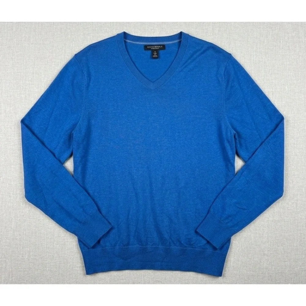 Banana‎ Republic V-Neck Sweater Mens Medium Blue Silk Cotton Cashmere Luxury